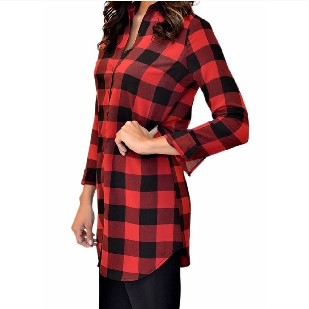 BB Dakota Buffalo Plaid Button Down Tunic Shirt Red Black XS Preppy - Picture 7 of 13